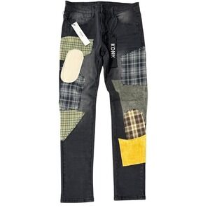 KDNK Patchwork Men's 30in Jeans Black Distressed Plaid Panels Streetwear